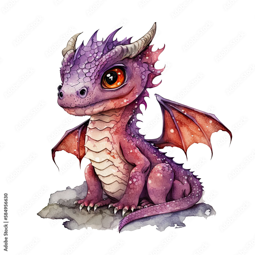 Cute purple baby fantasy kawaii dragon with wings watercolor clipart ...
