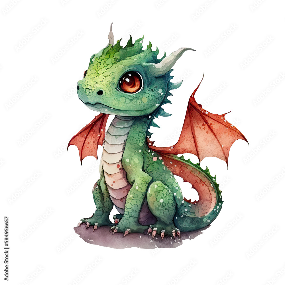Obraz premium Cute green baby fantasy kawaii dragon with wings watercolor clipart. Generative AI illustration