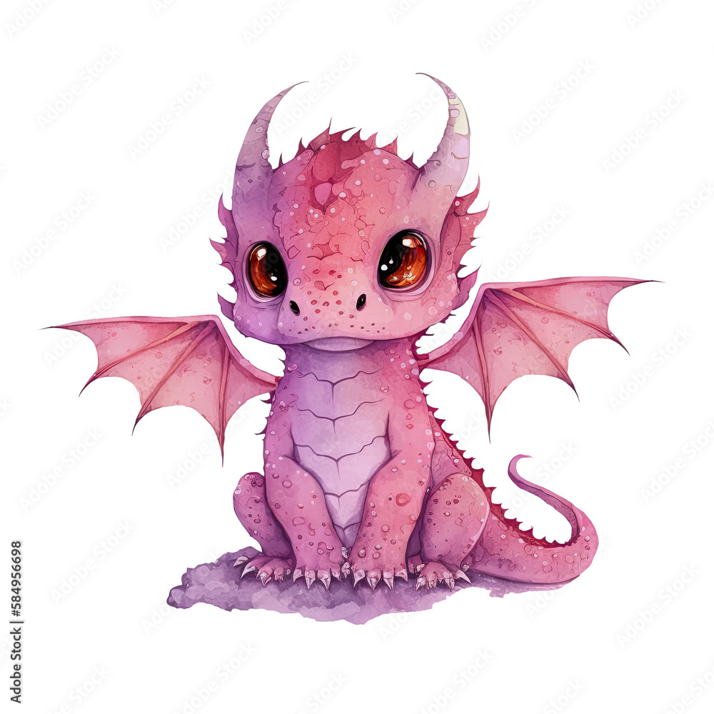Cute pink baby fantasy kawaii dragon with wings watercolor clipart ...