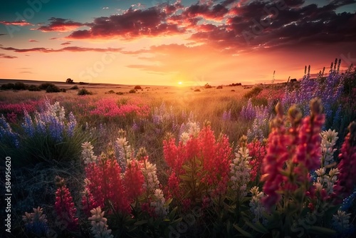 Sunrise over a meadow of wild flowers