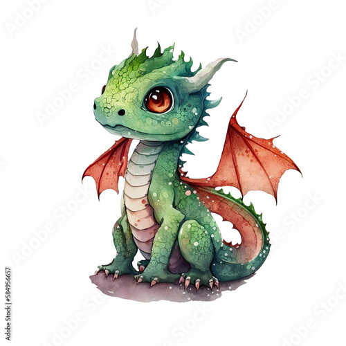 Cute green baby fantasy kawaii dragon with wings watercolor clipart. Generative AI illustration