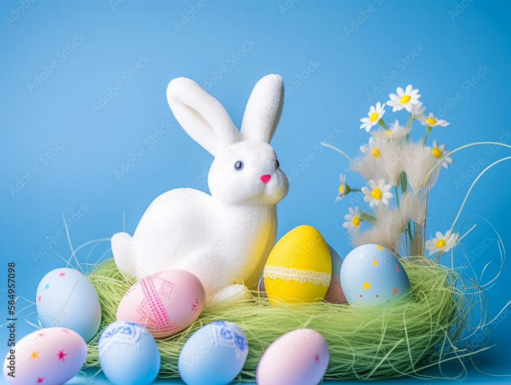 Cute rabbit toy and colorful painted easter eggs. Concept of happy easter day.
