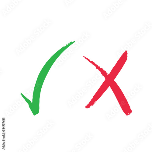 Green check and red cross icon sign isolated on plain white square background. Agree or disagree, right or wrong, yes or no sign. Simple flat bold brush stroke icon with grunge texture.