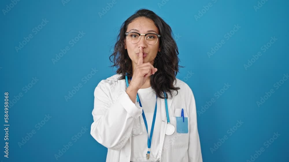Young beautiful hispanic woman doctor asking for silent over isolated blue wall background Young beautiful hispanic woman doctor asking for silent over isolated blue wall background