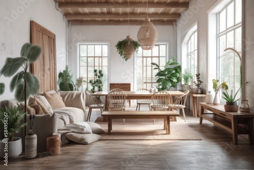 Wooden farmhouse living and dining room  blurred backdrop. Cloth couch  table  chairs  and d  cor. Modern decor . Generative AI