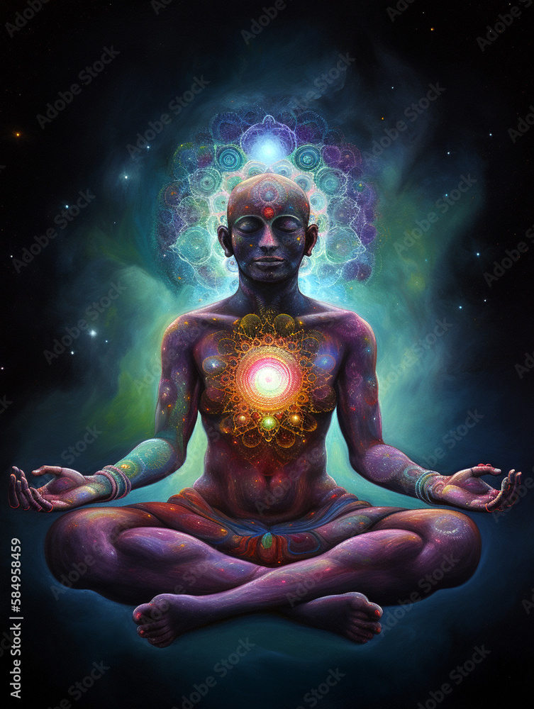 man meditating with his colored chakras generative AI