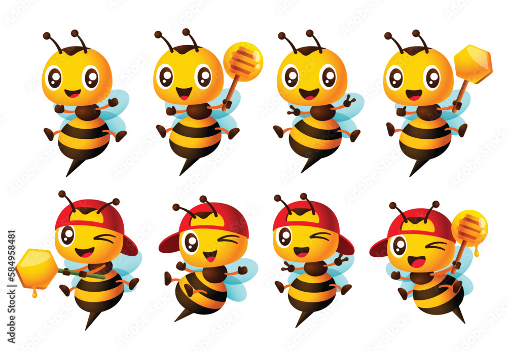 Vecteur Stock Cartoon cute happy bee character set with different poses. Cute Bee holding honey