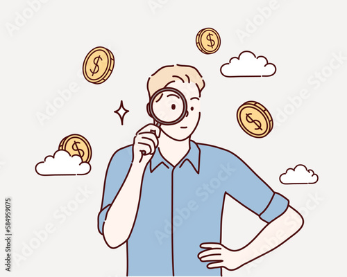 A man observing a huge coin with a magnifying glass. Financial study, observation concept. Hand drawn style vector design illustrations.