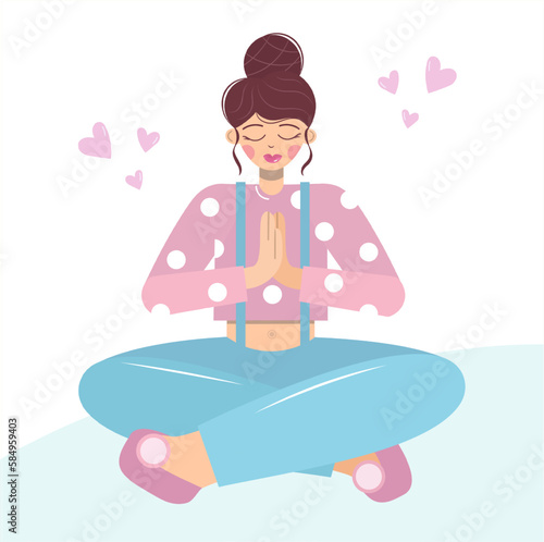 A beautiful woman practices yoga in the lotus position. The girl is meditating or praying. Flat vector isolated on white background. The concept of experiences, suffering, faith in a brighter future