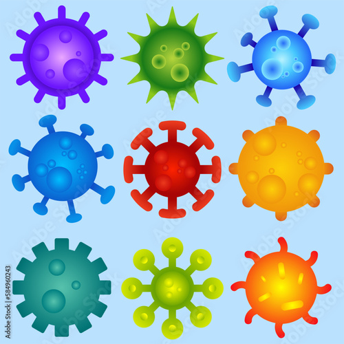 Virus vector illustration set. Viruses icon for illustration of coronavirus, pandemic, outbreak or quarantine. Covid-19 illustration for design regarding virus, infection, bacteria, germ and illness