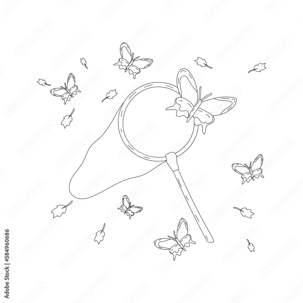 Vector illustration coloring page for children, butterflies and net ...