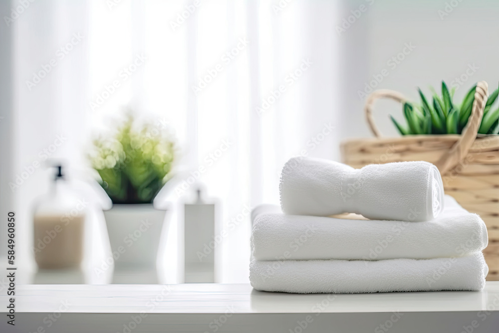 Table Top And Background Bathroom Blur - White towels on white table ...