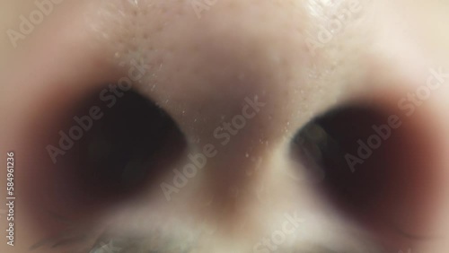 macro nariz, orificios, hombre, plano detalle, rostro de cerca