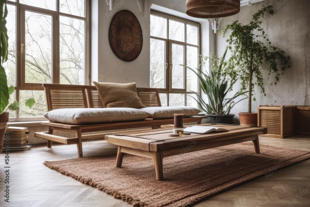 Wooden couch and table in large space. Design idea. Generative AI Wooden couch and table in large space. Design idea. Generative AI