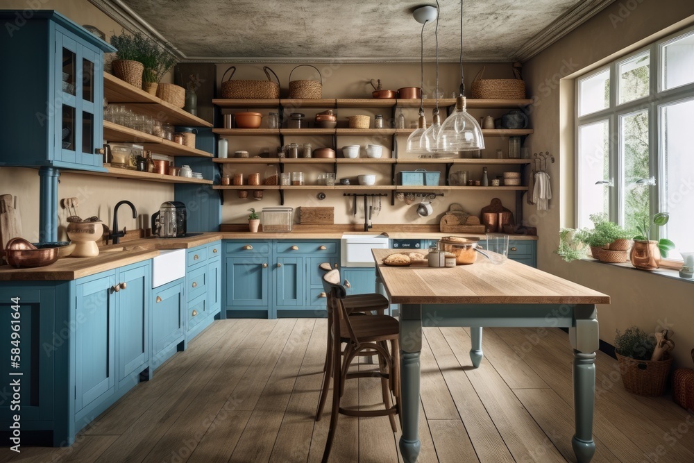 Blue and beige wooden kitchen with island and chairs. Shelves, cabinets, and parquet. Farmhouse boho decor,. Generative AI