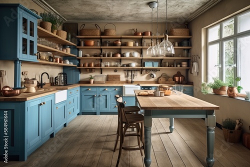 Blue and beige wooden kitchen with island and chairs. Shelves, cabinets, and parquet. Farmhouse boho decor,. Generative AI © AkuAku