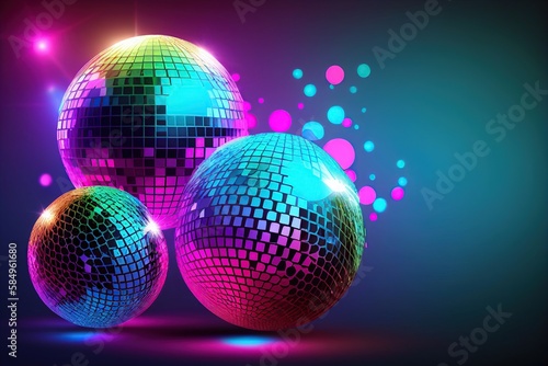 illustration of shining colorful disco spheres  confetti neon colors 