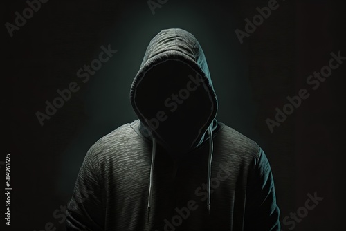 Faceless shadow person in grey hood dark mystery