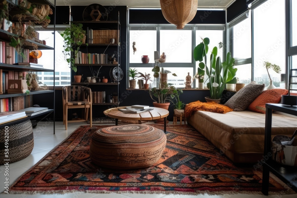 Fototapeta premium Eclectic decorations on black bookshelf next to rattan coffee table in modern room with windows behind white curtain and colorful carpet. Generative AI