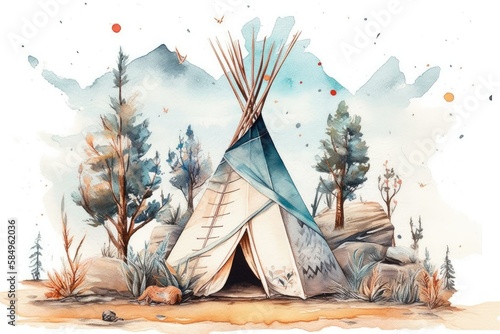Hand drawn watercolor indigenous teepee, solitary white campground tent. Bohemian American wigwam. Bohemian teepee with arrows and feathers. Generative AI photo