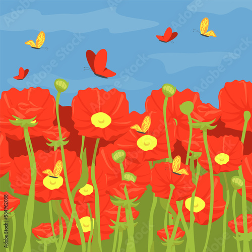 Poppy flowers with butterflies vector illustration. Spring flower field and blue sky. Nature is healing. Spring, nature, rebirth, freedom, positivity concept © SurfupVector