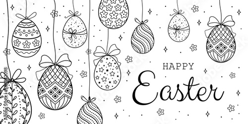 Happy Easter sale banner with hanging decorative Easter eggs isolated on white background. Creative hand drawn black line illustration. Vector design template for banner, greeting card. 