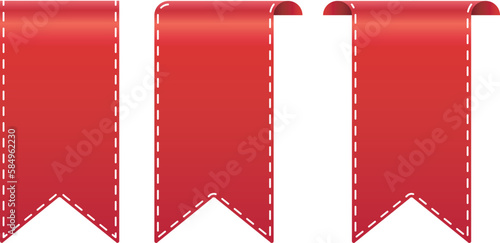 red ribbon set bookmark 3d gradient tag. white sewing thread. isolated image background. eps 10