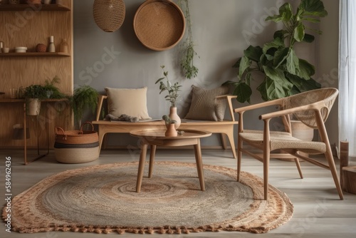 Beautiful living room with wooden chairs and houseplants. Generative AI