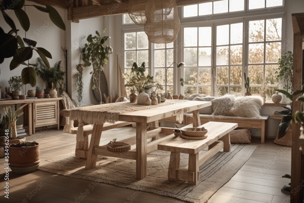 Bohemian dining table closeup, bohemian living room with couch in bleached wooden mezzanine with gabled ceiling. Decorated potted plants. Country decor,. Generative AI
