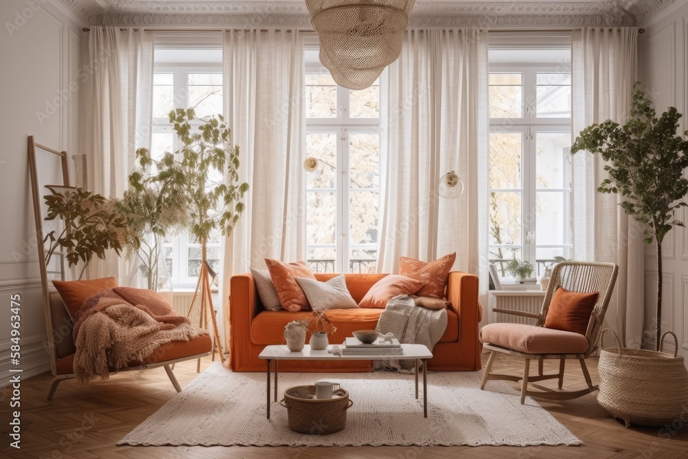 White and orange farmhouse living room with drapes, fabric couch, and rattan flooring. Parquet. Retro interiors,. Generative AI
