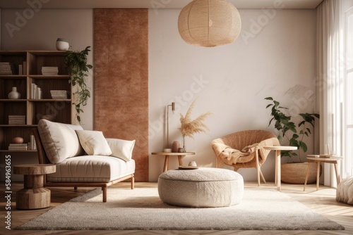 Elegant boho minimalist area with boucle armchair, contemporary pouf, design coffee table, lamp, vase with dried flowers, and stylish accessories. Template. Generative AI