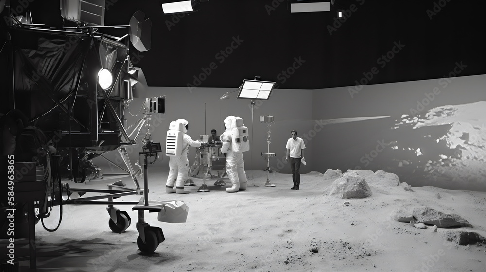 staging fake moon landing in film studio on black and white film, made with generative ai - obrazy, fototapety, plakaty 