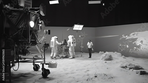 staging fake moon landing in film studio on black and white film, made with generative ai