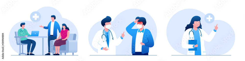Medical consultation and support. Online doctor. Healthcare services, Ask a doctor. Family doctor, gynecologist with stethoscope on the laptop screen. Flat vector illustration Medical consultation and support. Online doctor. Healthcare services, Ask a doctor. Family doctor, gynecologist with stethoscope on the laptop screen. Flat vector illustration