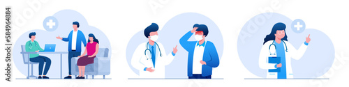 Medical consultation and support. Online doctor. Healthcare services, Ask a doctor. Family doctor, gynecologist with stethoscope on the laptop screen. Flat vector illustration