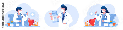 Pharmacy concept, consultation with doctor online, medicine, drug store online, medical. flat illustration vector