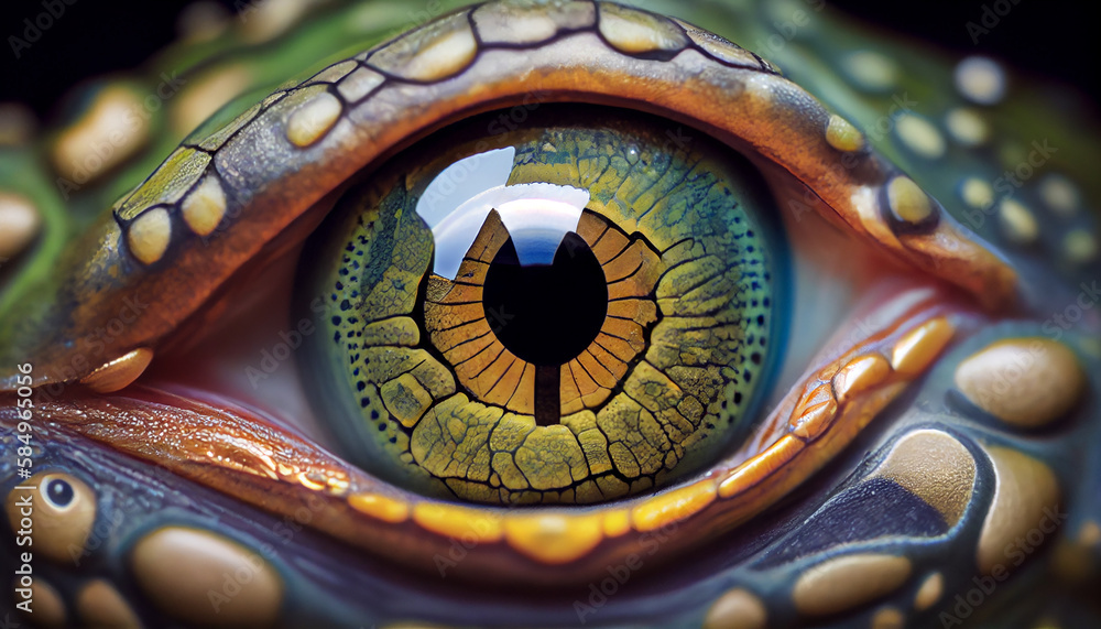 Close up of a reptile multi colored eye generated by AI