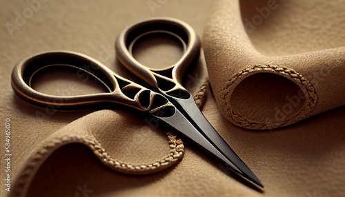 Sharp tailors scissors on metallic spool of thread generated by AI