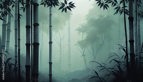 Foggy forest dark trees mysterious silhouette spooky nature generated by AI