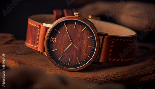 Elegant men leather wristwatch with chrome metal strap generated by AI