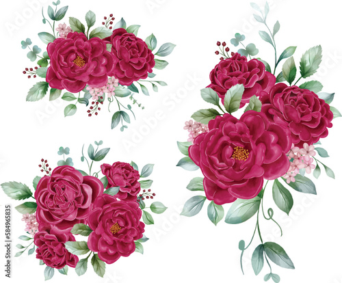 Peonies Maroon Watercolor floral arrangement bouquet. Luxurious floral maroon elements  botanical background or wallpaper design  prints and invitations  and postcards.