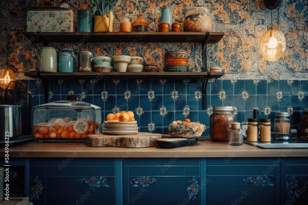 February 2, 2020, Eindhoven, Netherlands. City loft kitchen detail. Bohemian eccentric house with blue flowery wallpaper and bread boxes. Generative AI February 2, 2020, Eindhoven, Netherlands. City loft kitchen detail. Bohemian eccentric house with blue flowery wallpaper and bread boxes. Generative AI