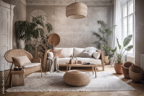 White and gray bohemian living room with wallpaper, parquet, and cane ceiling. Sofa, jute carpet, rattan armchair. Boho decor,. Generative AI