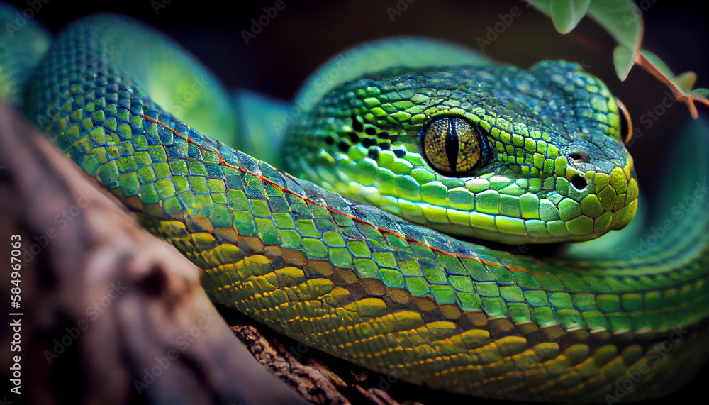 Fototapeta premium Green viper snake macro portrait in forest generated by AI