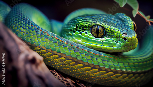 Green viper snake macro portrait in forest generated by AI