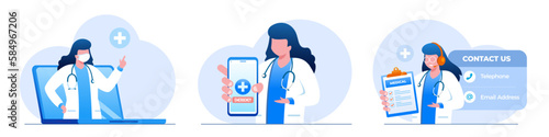 Online medical consultation and support. Online doctor. Healthcare services, Ask a doctor. Family doctor, gynecologist with stethoscope on the laptop screen. Flat vector illustration
