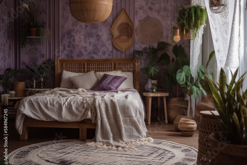 White and purple boho country wooden bedroom closeup. Bed, hanging chair, potted plants. Wallpapered shuttered window. Bohemian antique decor,. Generative AI