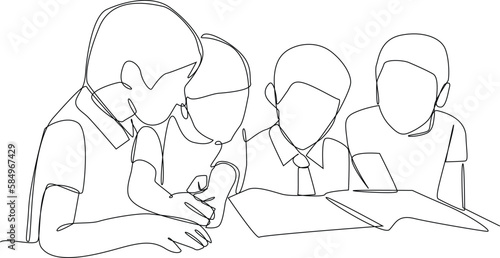 Single one-line drawing students study together in class. Class in session concept. Continuous line drawing design graphic vector illustration.