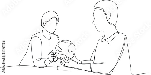 Single one-line drawing students are practicing globe. Class in session concept. Continuous line drawing design graphic vector illustration.