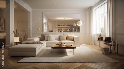 The stylish interior of the living room with luxury furniture, 3d render, a Modern home, a concept floor plan, and generative AI tools. © MrNobody